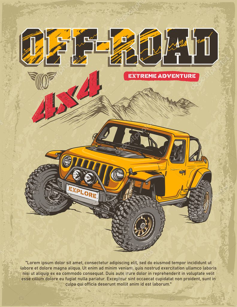 Yellow Off-road jeep on mountain terrain extreme adventure, hand drawn vector illustration