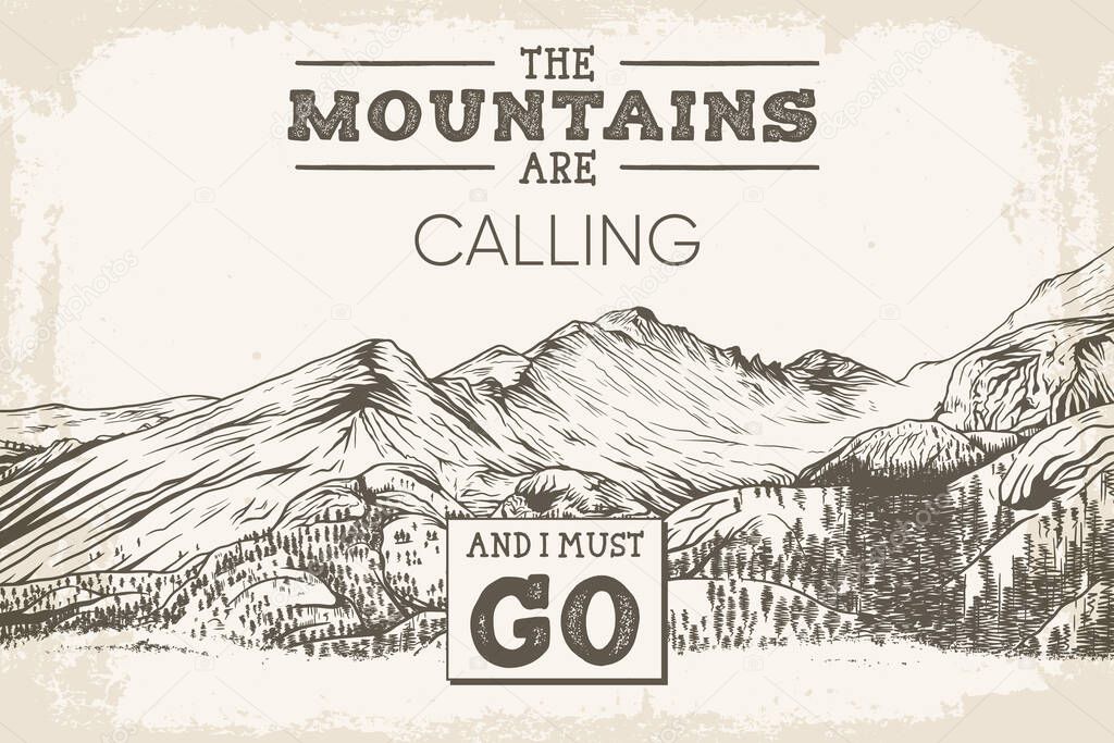 The mountains are calling. Hand-drawn vector line art illustration