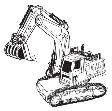 Siyah ve beyaz elle çizilmiş ekskavatör vektörü resimleme