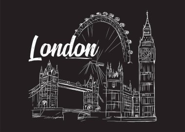 Londra şehir manzarası siyah arkaplan üzerine vektör çizgisi çizimi