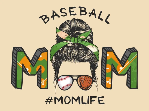 Mom Life Mit Chaotischer Dutt Frisur Mit Baseballs Stirnband Und — Stockvektor