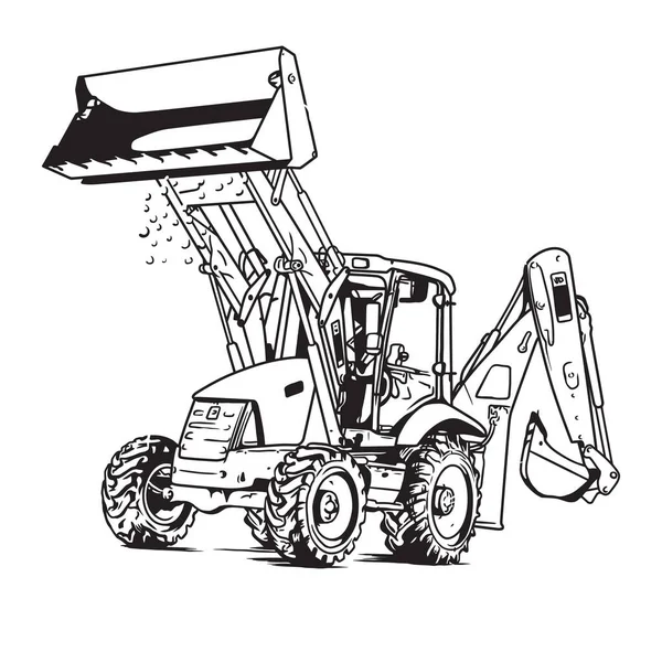 Black White Hand Drawn Excavator Vector Line Art Illustration — Stock Vector