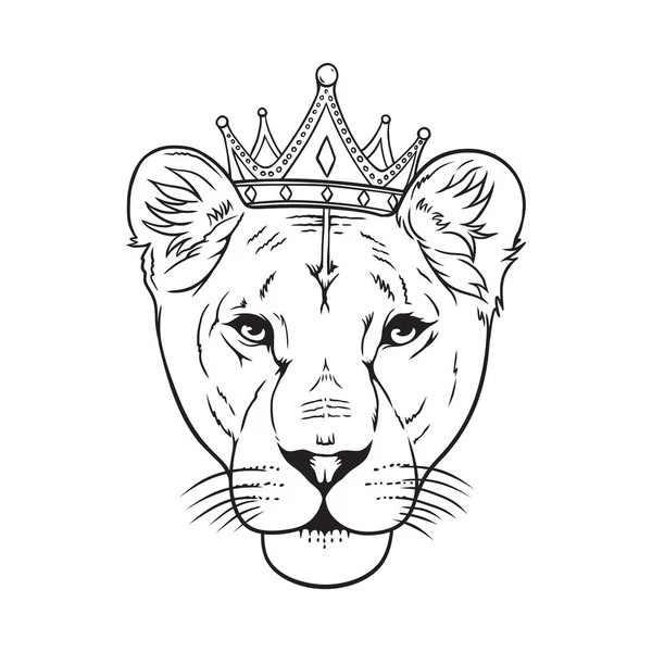 Female Lion Wearing Royal Crown Vector Line Art Illustration — Stock Vector