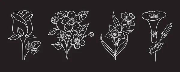 Set Black White Hand Drawn Flowers Vector Illustration Black Background — Stock Vector