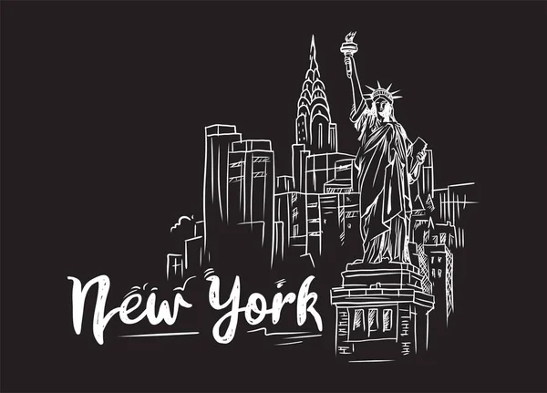 New York Szabadság Szobor Vektor Kézzel Rajzolt Illusztráció Fekete Háttér — Stock Vector