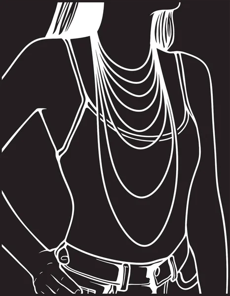 脖子尺寸图表与一个女人的轮廓 在黑色背景上展示长项链 — 图库矢量图片
