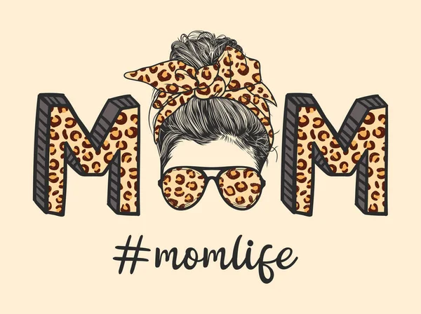 Mom Life Mit Chaotischer Dutt Frisur Mit Leopardenmuster Stirnband Und — Stockvektor