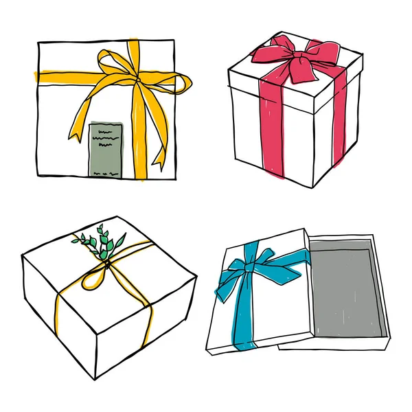 Boîtes Cadeaux Dessinées Main Avec Clip Art Vectoriel Noeud Ruban — Image vectorielle