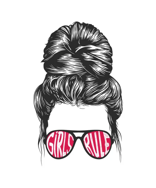 Women Messy Bun Hairstyles Wearing Girls Rule Typographic Sunglasses Vector — Stock Vector