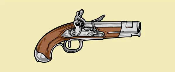 Прекрасный Антикварный Перкуссионный Пистолет Резьбой Дереву — стоковый вектор