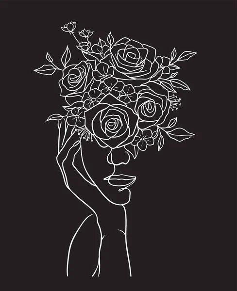 Vacker Kvinnas Ansikte Med Blommor Svart Och Vit Illustration Svart — Stock vektor