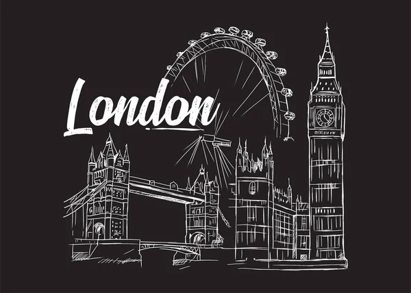 London Cityscape Vector Lijn Kunst Illustratie Zwarte Achtergrond — Stockvector