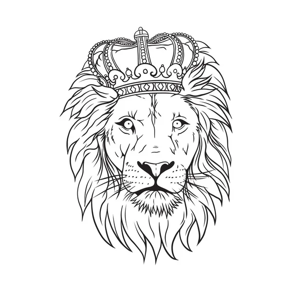 Male Lion Wearing Royal Crown Vector Line Art Illustration — Stock Vector