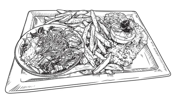 Heerlijke Fish Chips Een Zwart Wit Lijn Kunst Vector Illustratie — Stockvector