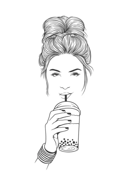 Pretty Woman Messy Bun Hairstyle Drinking Boba Bubble Tea Hand — Stock Vector