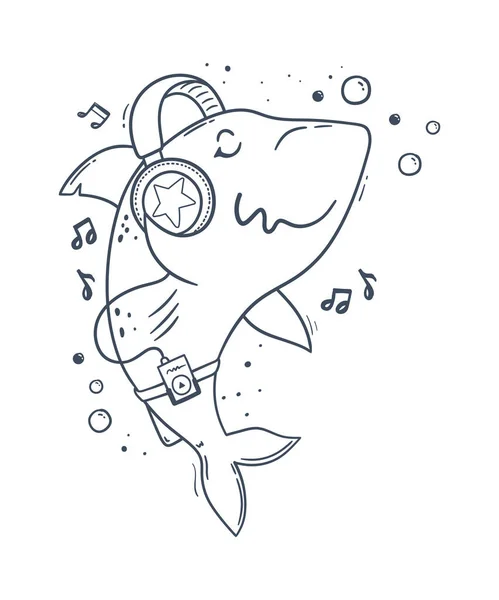 Cute Cartoon Shark Enjoying Music Headphone Vector Line Art Illustration — Stock Vector