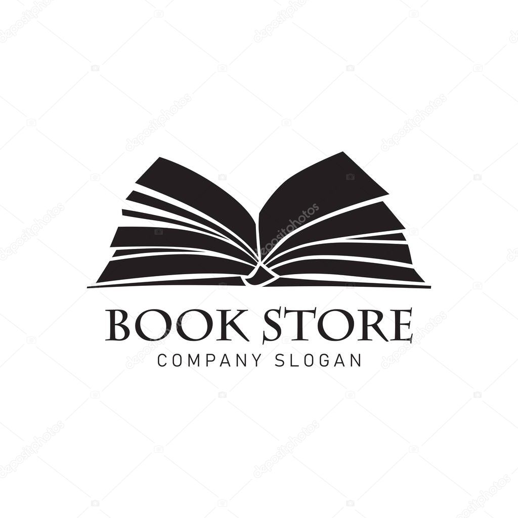 Black and white open book vector logo illustration on black background