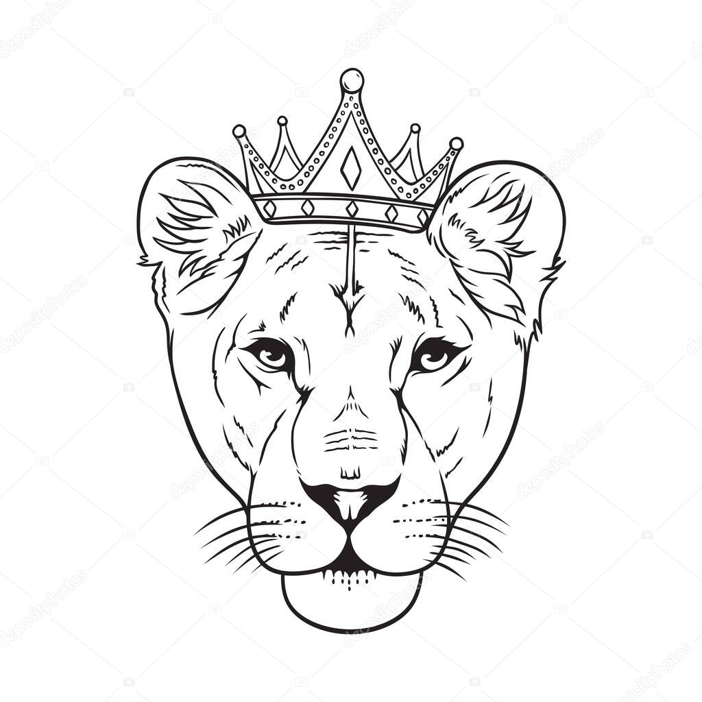 Female lion wearing royal crown vector line art illustration
