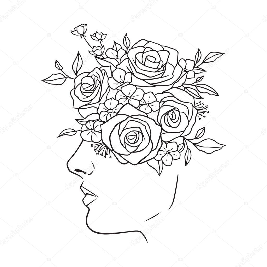 Beautiful woman's face with flowers black and white illustration on white background