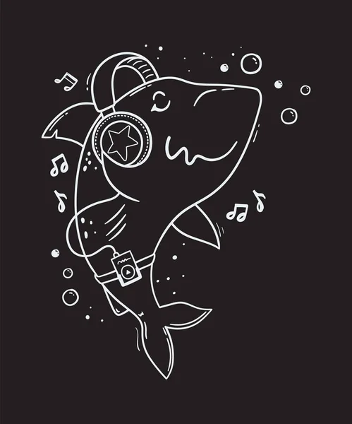 Cute Cartoon Shark Enjoying Music Headphone Vector Line Art Illustration — Stock Vector