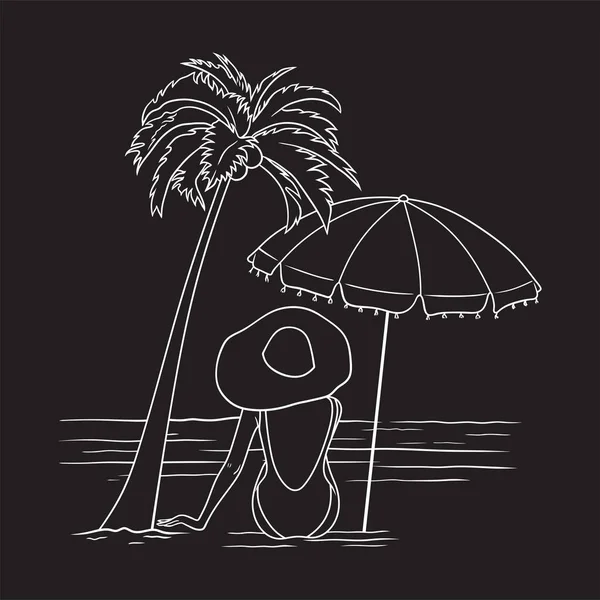 Lady Relaxing Beach Umbrella Coconut Tree Black White Vector Illustration — Stock Vector