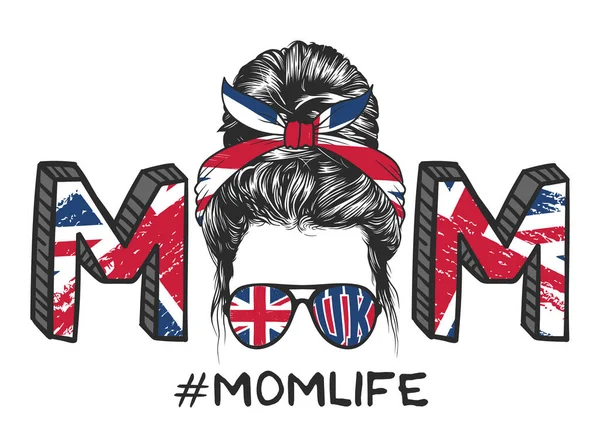 戴着英国国旗太阳镜 头戴乱发髻的妈妈的生活 — 图库矢量图片