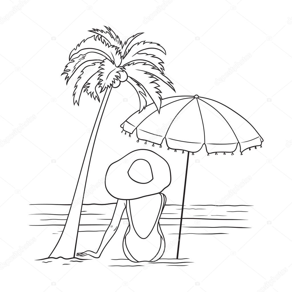 Lady relaxing on the beach with umbrella and coconut tree black and white vector illustration on white background