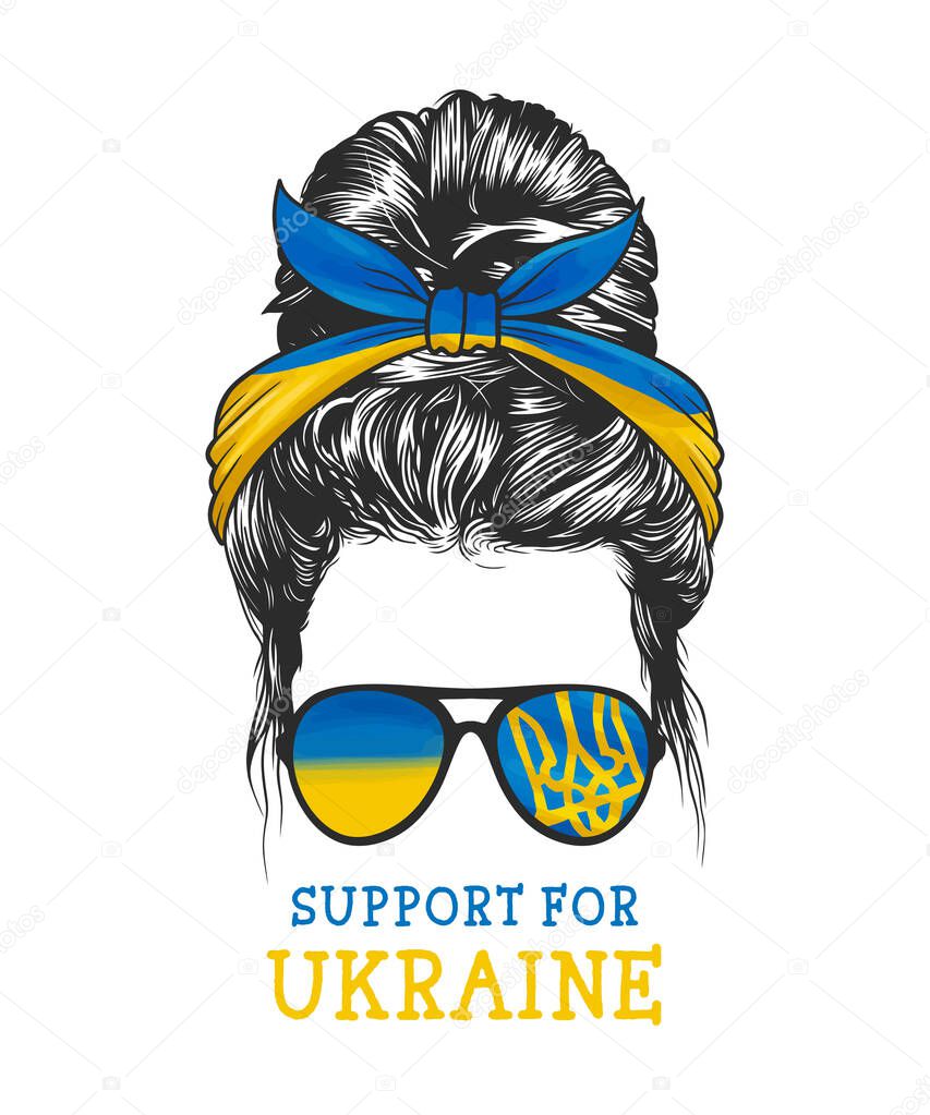 Woman messy bun hairstyle with Ukrainian flag headband and Ukrainian flag symbol glasses, hand-drawn vector illustration