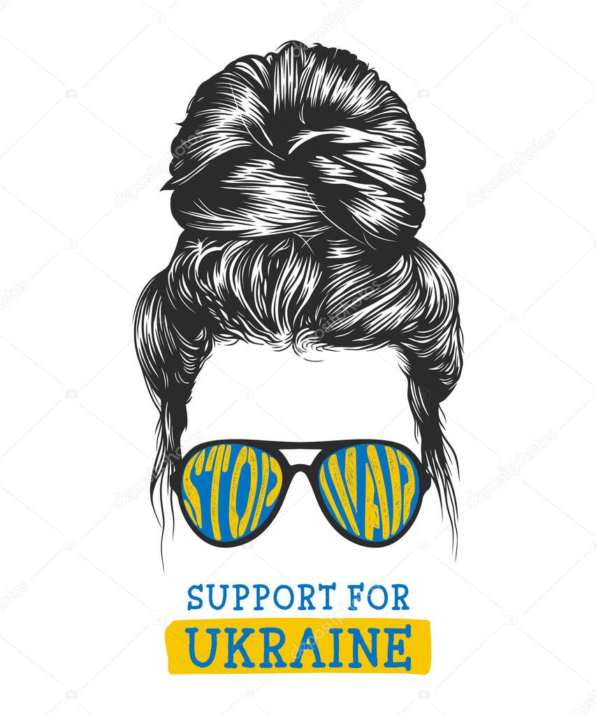Women messy bun hairstyles wearing stop war typographic sunglasses and support for Ukraine