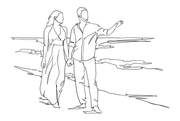 Una Coppia Piedi Sulla Spiaggia Che Tiene Mano Illustrazione Vettoriale — Vettoriale Stock