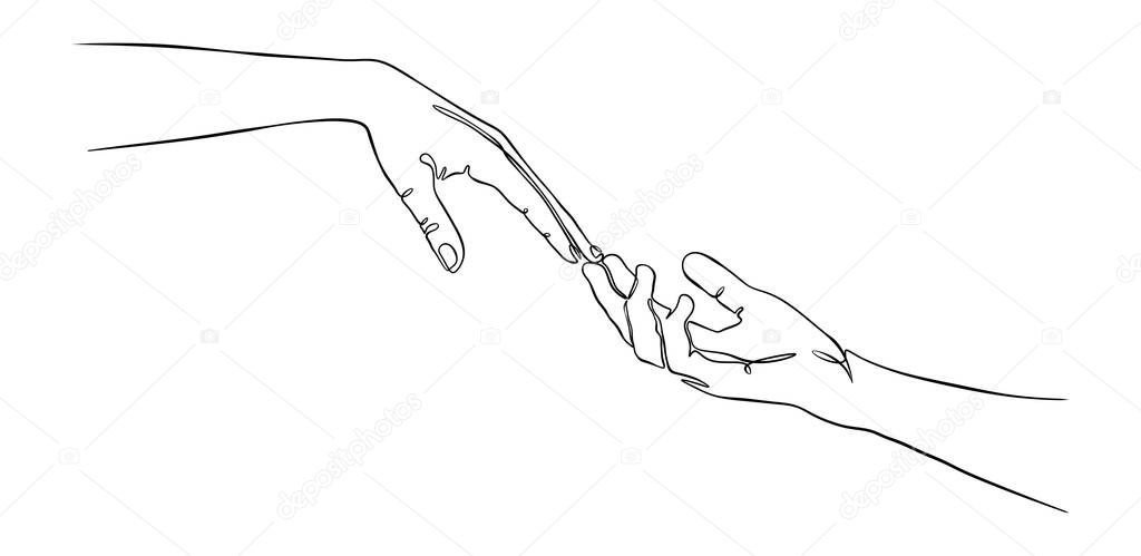 Two hands reaching out one contiguous line in a white background vector illustration