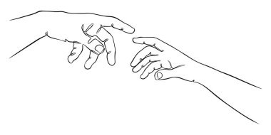 Beyaz arkaplan vektörü illüstrasyonunda iki el çevresel bir çizgiye uzanıyor