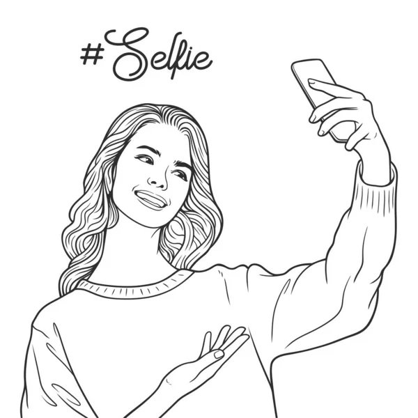 Potret Seorang Wanita Muda Yang Menarik Membuat Selfie Smartphone - Stok Vektor