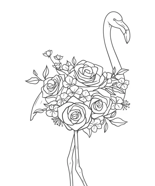 Flamingo Vogel Mit Floraler Herzlinie Kunst Vektor Illustration — Stockvektor
