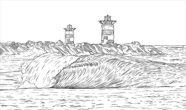 Phare Sur Une Côte Rocheuse Quelques Vagues Horizon Esquisse Dessinée — Image vectorielle