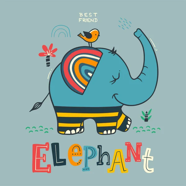Funny Elephant Cartoon Hand Drawn Illustration — Stock Vector