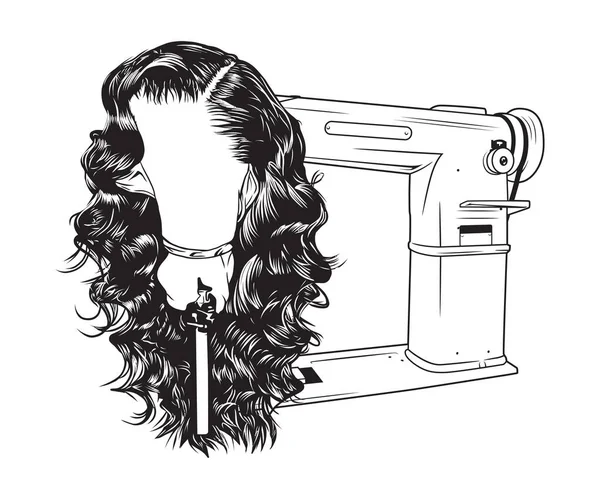 Hair Wig Sewing Machine Vector Line Drawing Illustration — 스톡 벡터