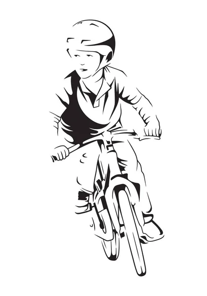 Boy Riding Bicycle Vector Line Art Illustration — Stockvektor