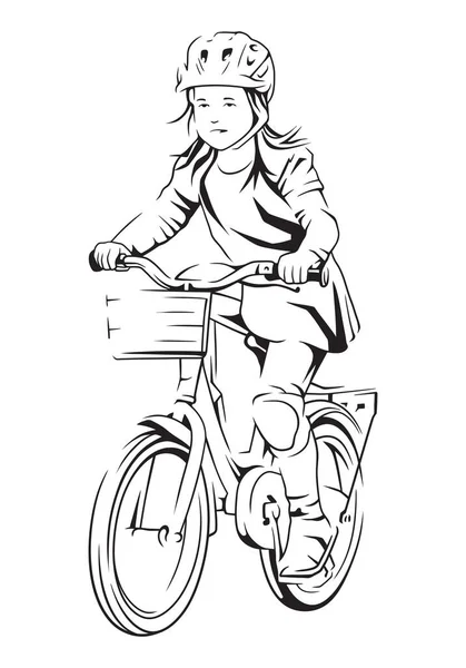 Girl Riding Bicycle Vector Line Art Illustration — Wektor stockowy