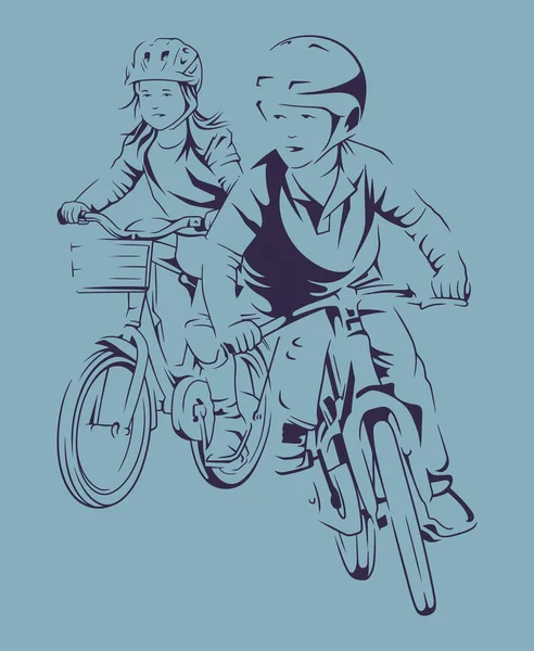 Хлопчик Дівчинка Їдуть Велосипеді Поруч Векторна Лінія Мистецтва — стоковий вектор