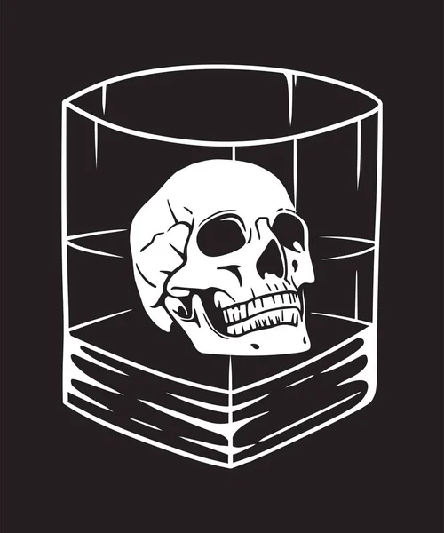 ウィスキーグラスの中に黒と白の人間の頭の頭蓋骨ベクトルラインアートイラスト — ストックベクタ