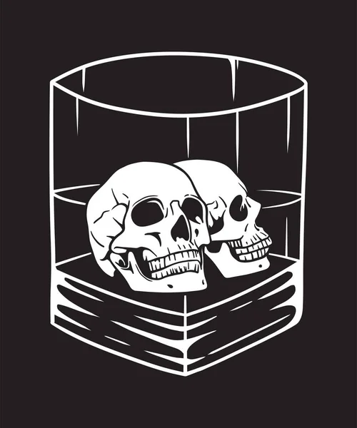 Two Human Head Skull Whiskey Glass Black White Vector Line — Vetor de Stock