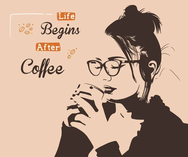 Pretty Girl Wearing Glasses Enjoying Cup Coffee — Vetor de Stock