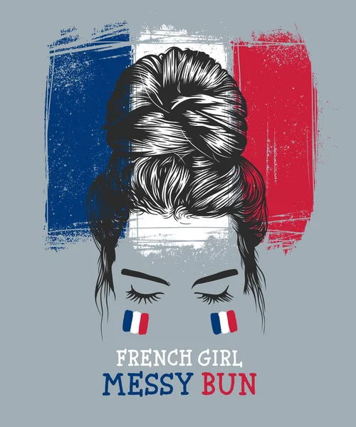 Women Messy Bun Hairstyles French Flag Background Vector Clip Art — Vector de stock