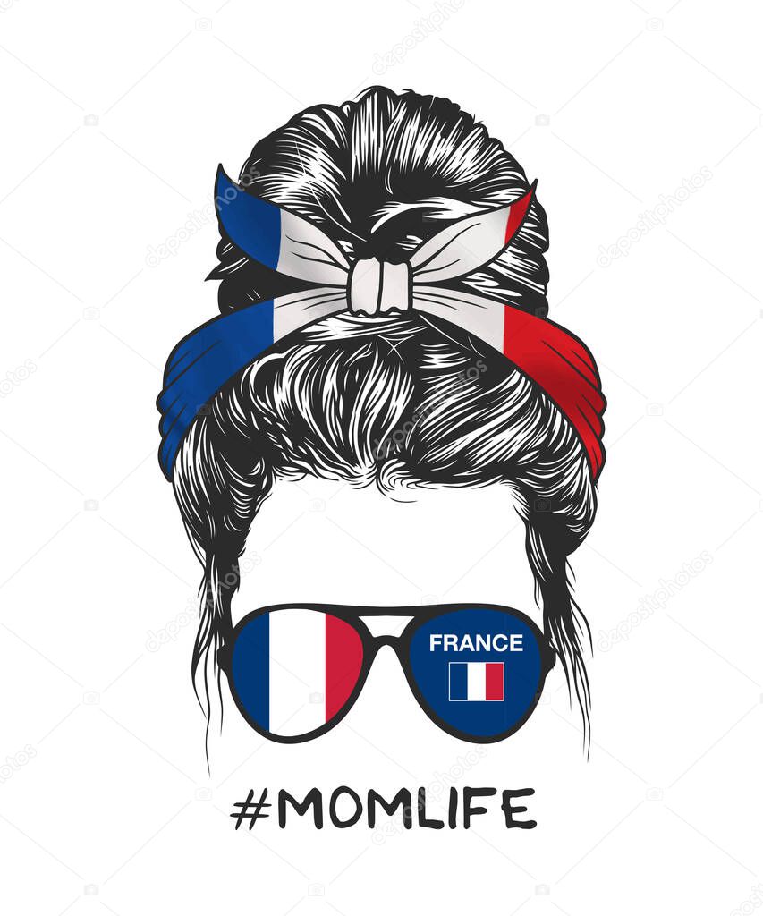 Messy bun hairstyle with French flag headband and glasses, vector illustration