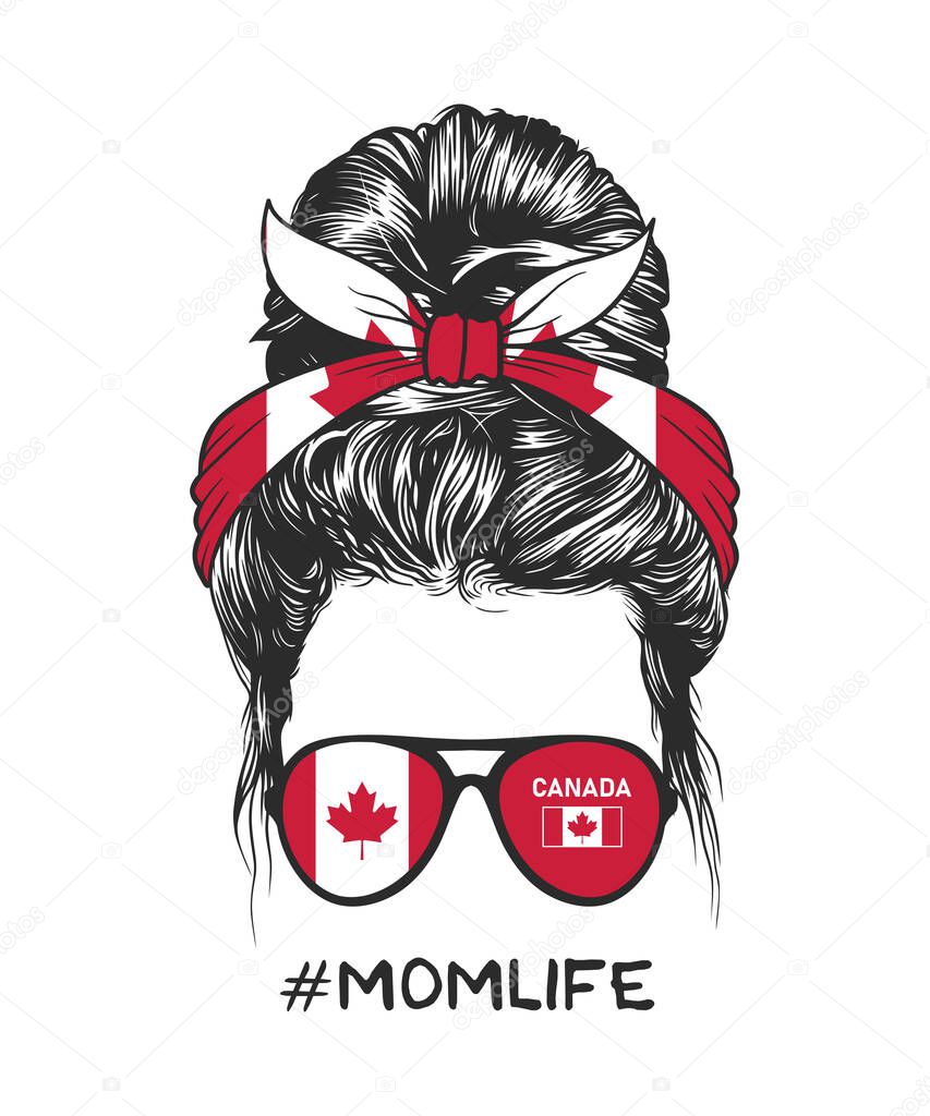 Messy bun hairstyle with Canadian flag headband and glasses, vector illustration
