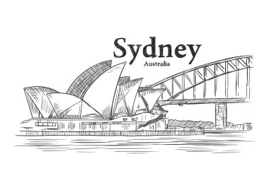 Hand drawn black and white illustration of Sydney city
