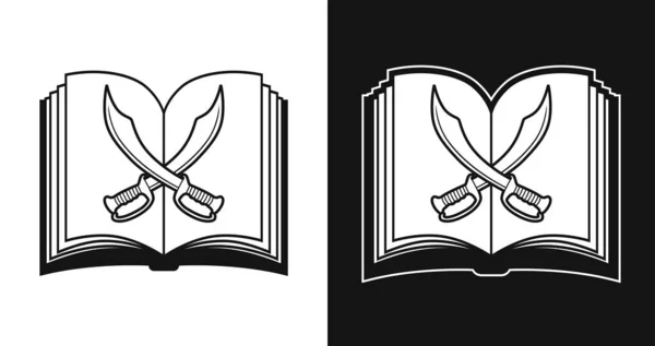 Crossed Swords Open Book Background Vector Line Art Illustration — ストックベクタ