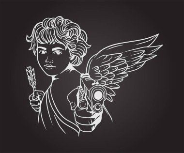 Güzel yüzlü kanatlı aşk meleği, silah doğrultuyor, ok tutuyor, siyah arka planda vektör.