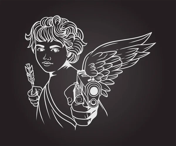 美丽的脸丘比特天使 有翅膀 尖着枪 拿着箭 黑色背景上的矢量 — 图库矢量图片